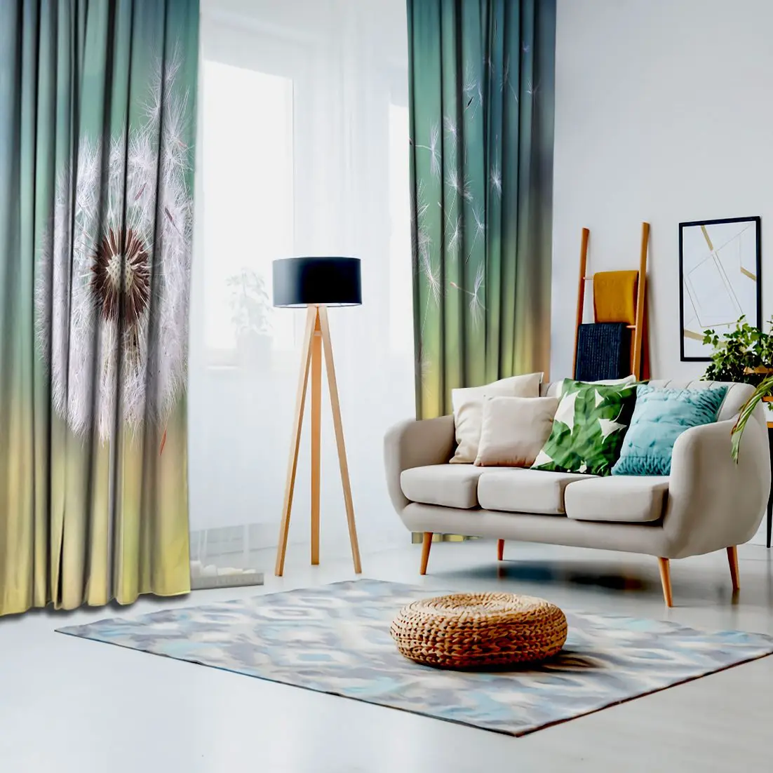 Занавеска семена одуванчика утренний солнечный свет дующий ветер летние дикие