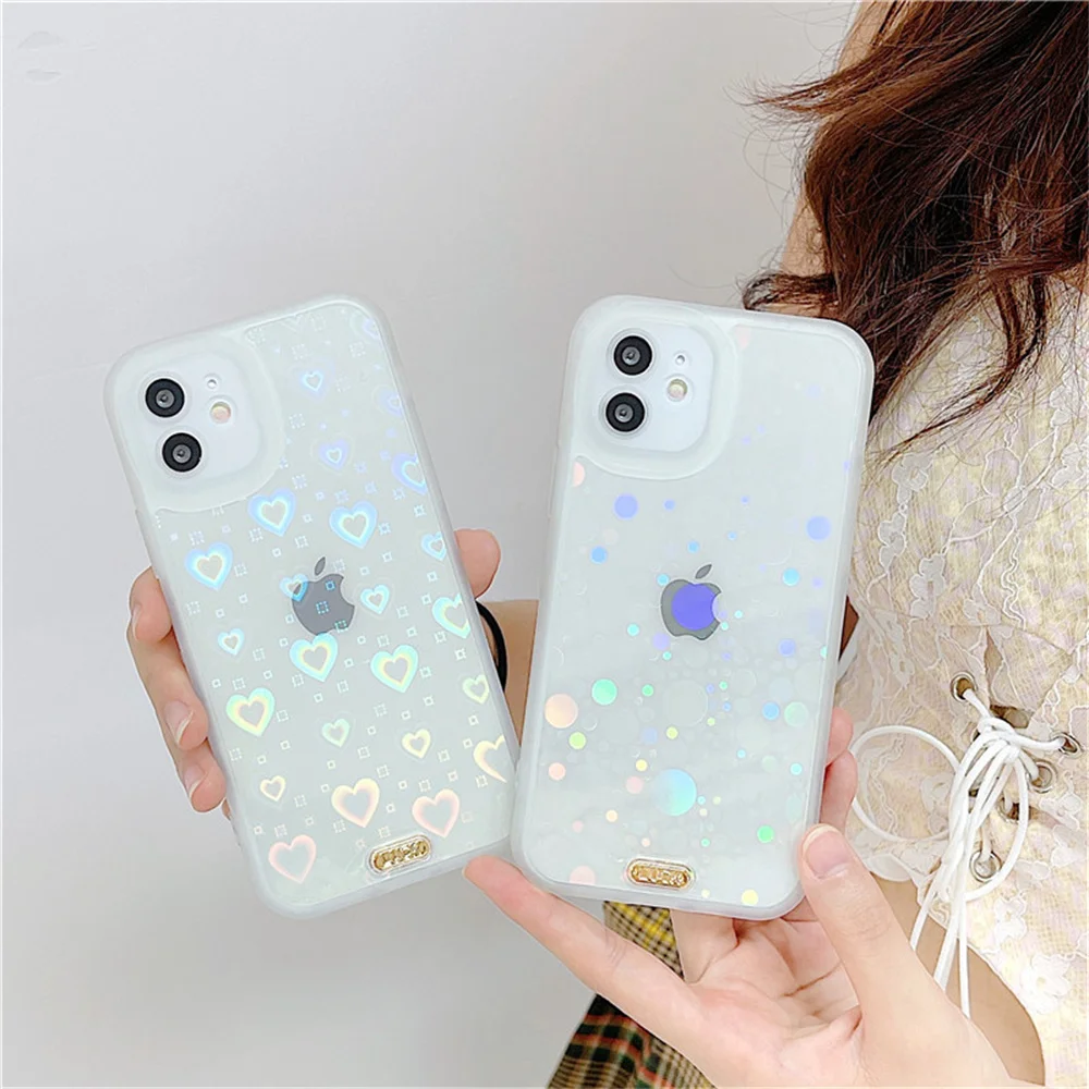 

Gradient Laser Love Heart Clear Phone Case For iPhone 13 Pro Max 12 11 X XS XR 7 8 Plus Shockproof Bumper Glitter Back Cover
