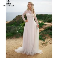 elegant o neck full cap sleeve sweep backless netting floor length appliques lace a line wedding dresses 2022 bridal gowns