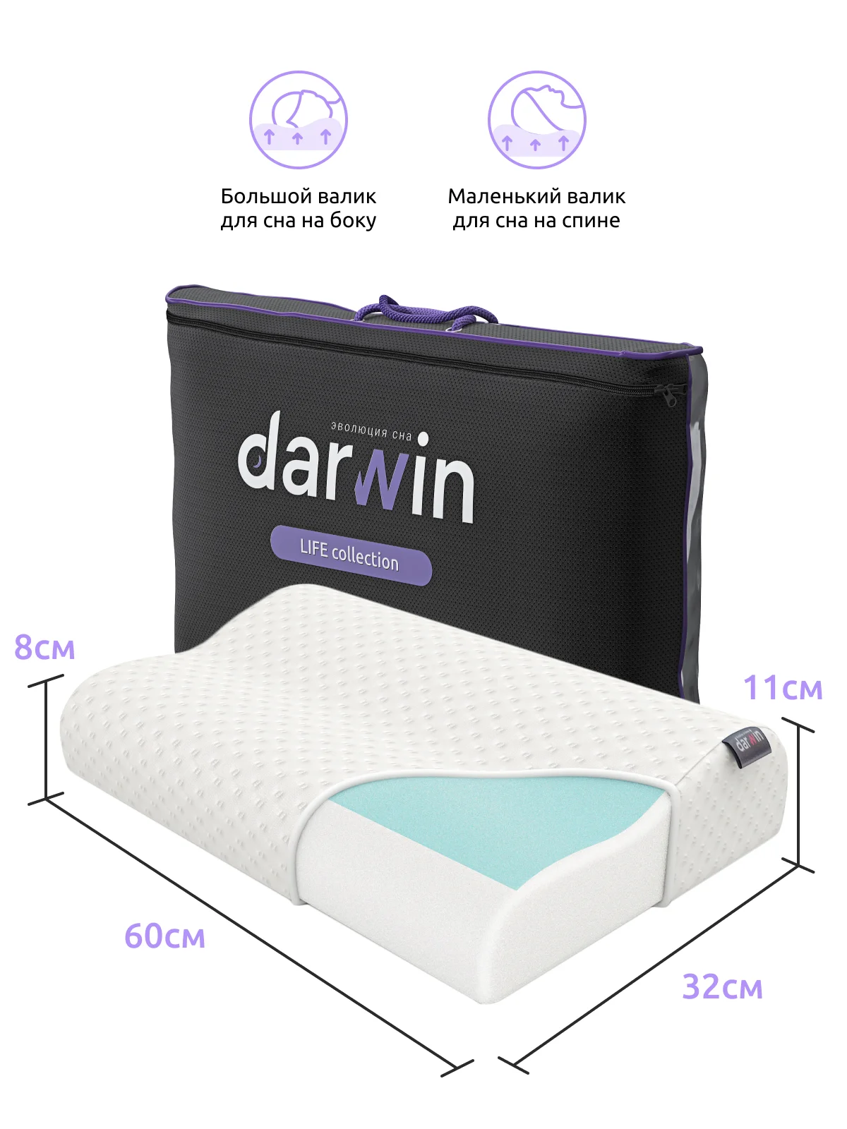 Подушка ортопедическая Darwin Life 1.0 Memory Gel 32х60х8 см. с эффектом памяти | Дом и сад