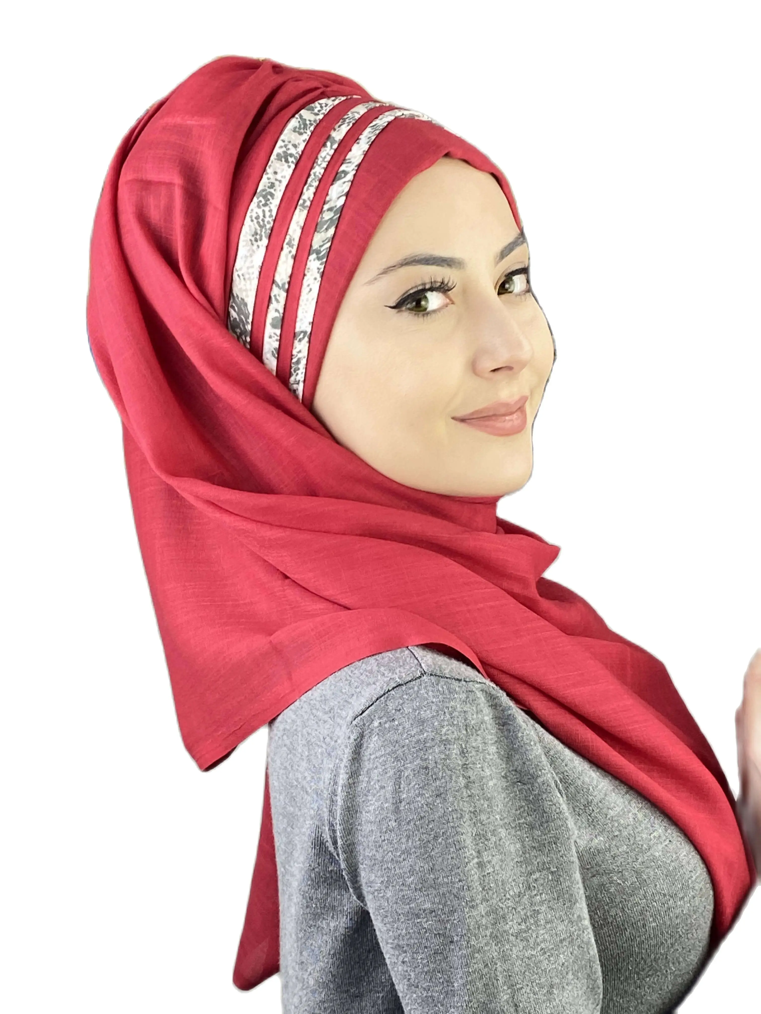 2022 New Fashion Hijab Islamic Women Winter Scarves Musulman Women's Products Hat Crocodile Pattern Ruby Cross Draped Shawl