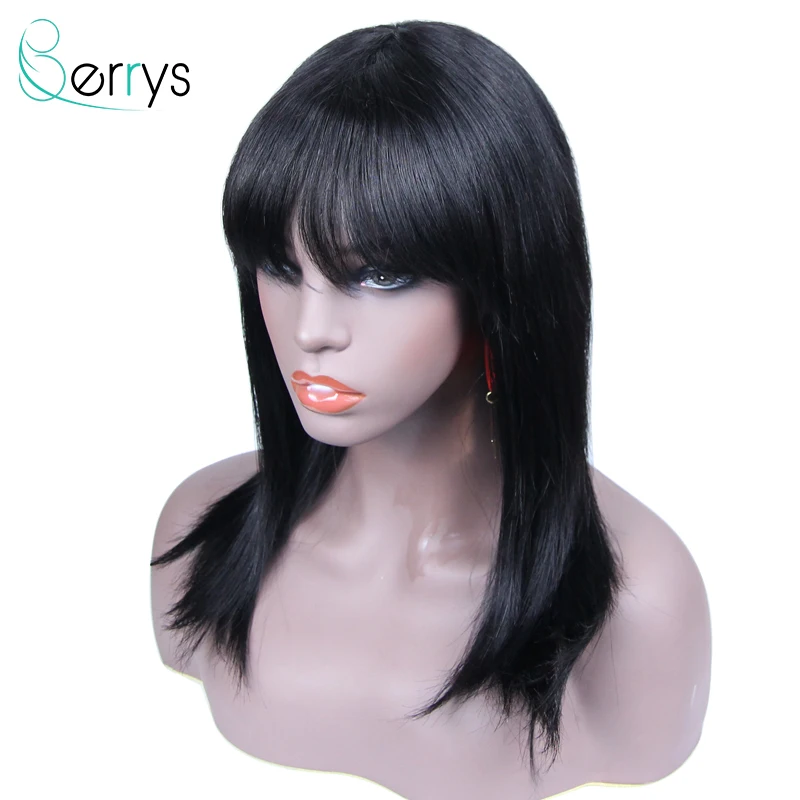 Berryshair человеческие волосы полностью машинные парики с челкой прямые Remy парик 16