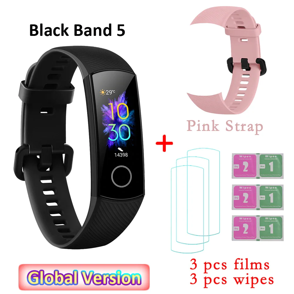 P strap and 3 films Global Versio huawei Honor Band 5 4, умный Браслет, умный браслет, шагомер, сенсорный экран, для плавания, сердечного ритма, сна, монитор - Цвет: P strap and 3 films