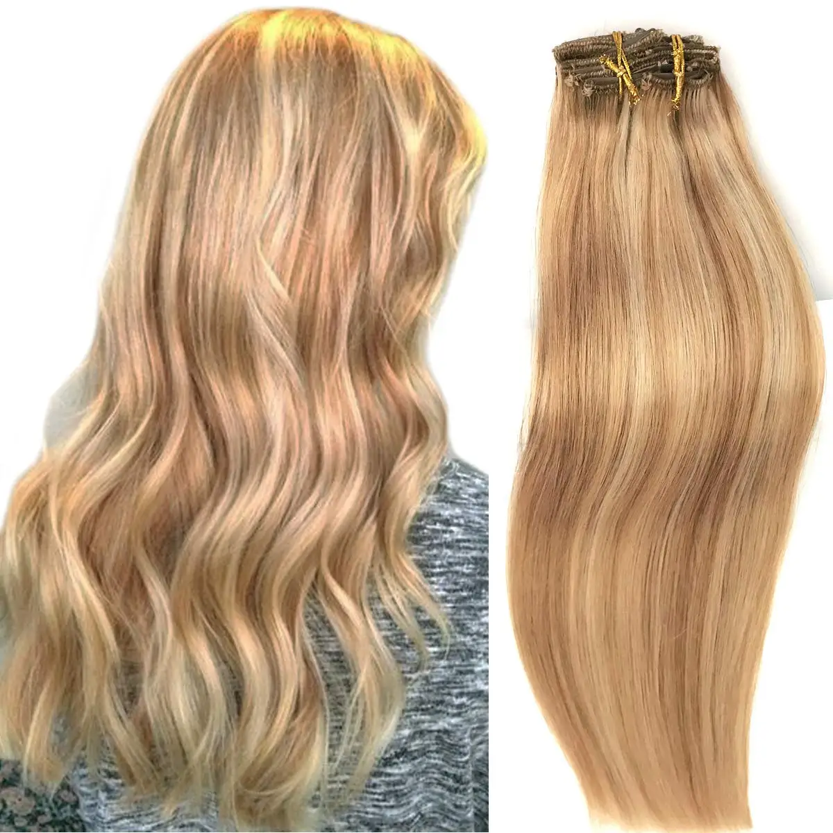 Blonde Highlights 120G Clip in Hair Extensions 7pcs Double Weft 100% Human Hair Silky Straight Remy Hair Clip in Extensions