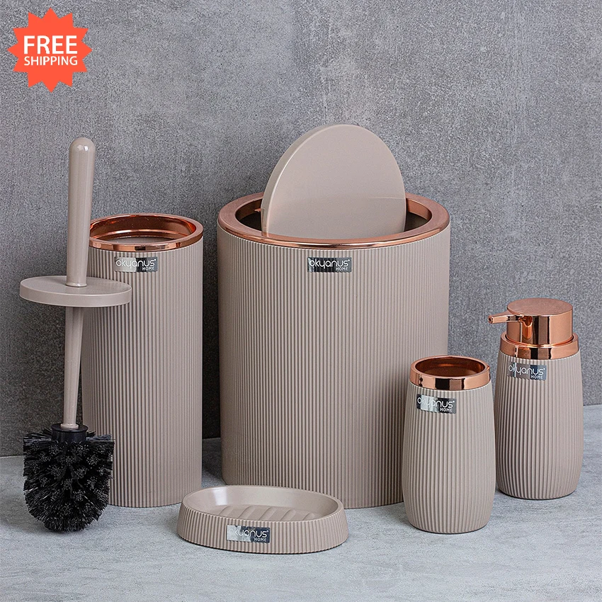 oceanland rose series striped round 5 piece bathroom set toilet brush dustbin dispenser hard plastic free global shipping