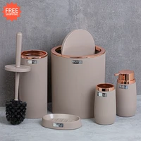 OceanLand Rose Series Striped Round Piece Bathroom Set Toilet Brush Dustbin Dispenser Hard Plastic
