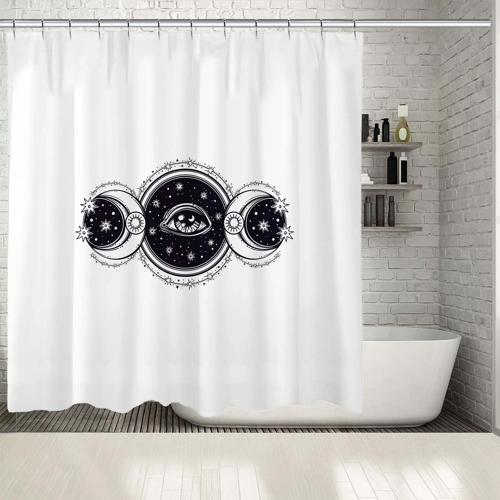 Занавеска для душа с изображением глаз на кругу двумя лунами и звездным ночным