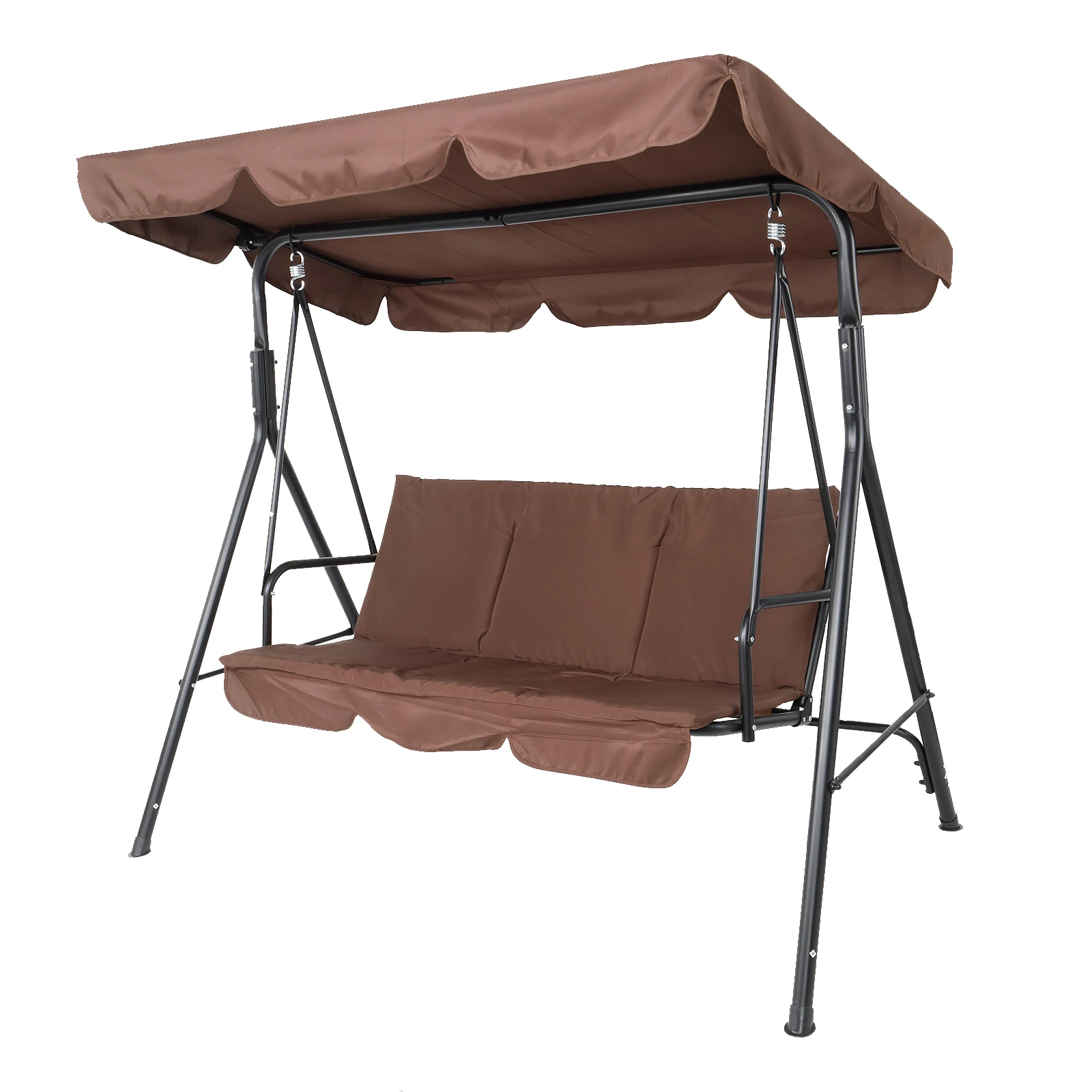

170*110*153cm Outdoor Garden Patio Swing With Canopy and Cushion 250kg Load-Bearing Iron Swing Brown Sunshade Cover Waterproof