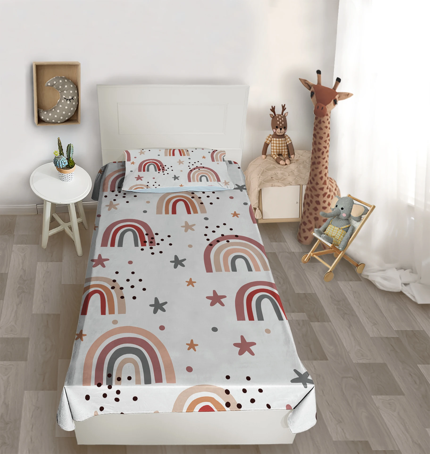 

Çocuk odası yatak örtüsü gökkuşağı yuvarlak yıldız renkli yatak örtüsü