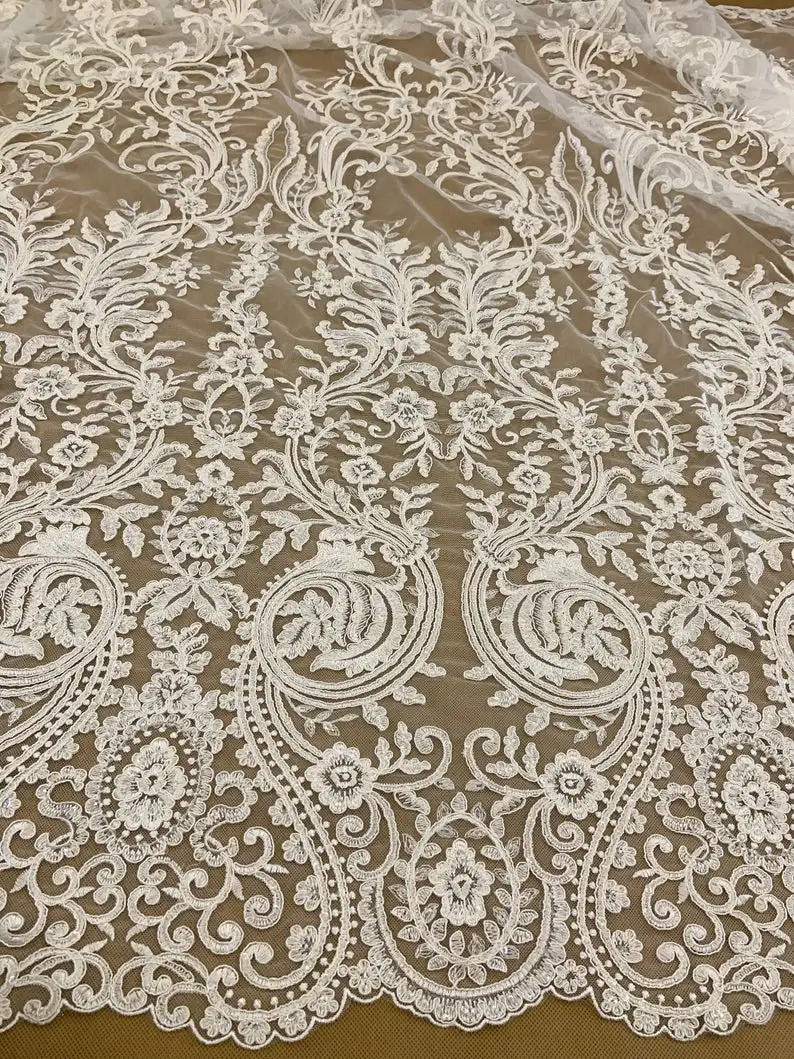 

1 Yard Delicate Bridal Lace Fabric With Sequins Heavy Bead Lace Fabric For Bridal Dress Bridal Lace Fabric With Florals