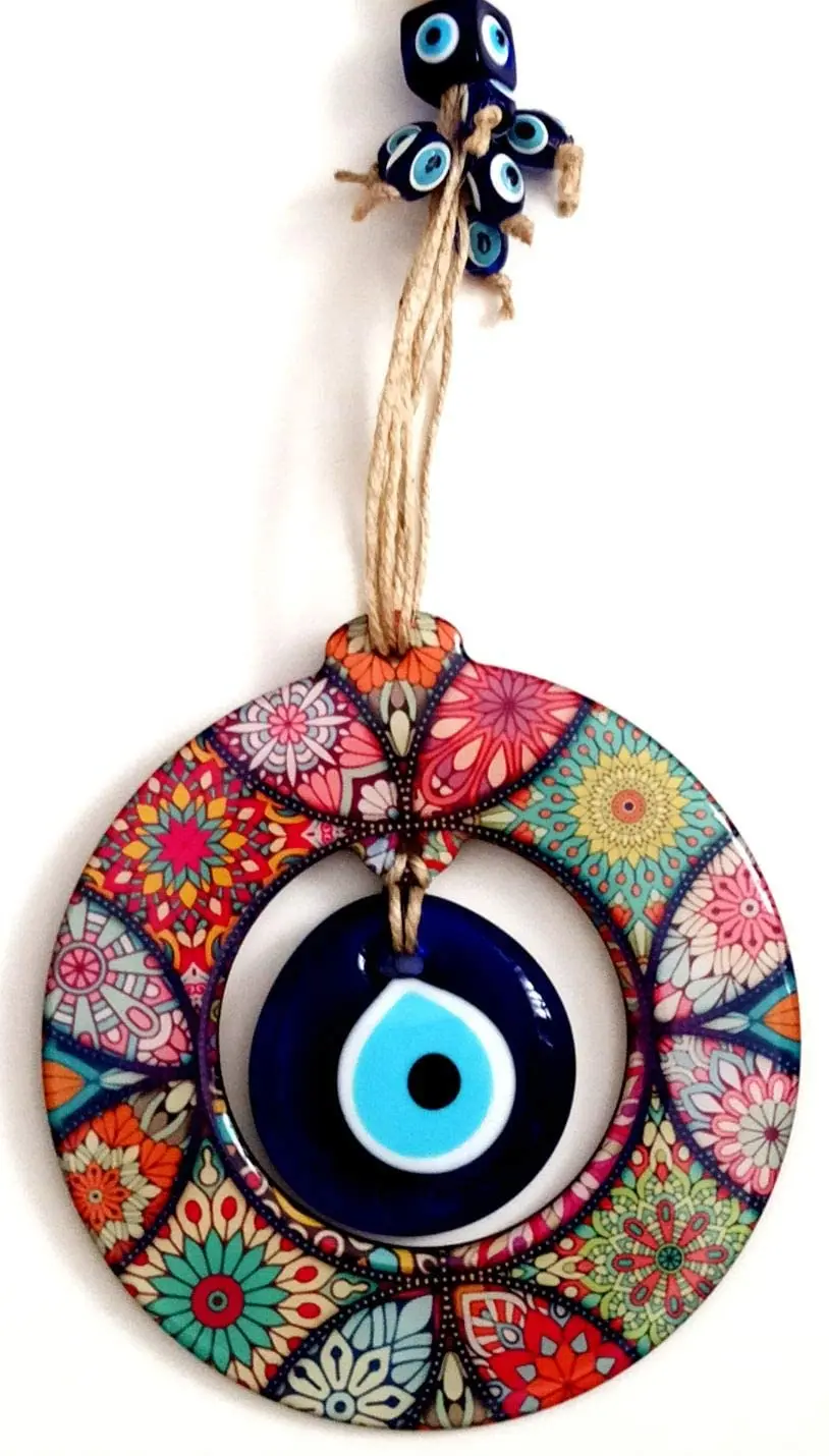 

Wooden Mandala Patterned Glass Evil Eye Beaded Door, Wall and Garden Ornament Charm Holder Evil Eye Beads Glass Gift