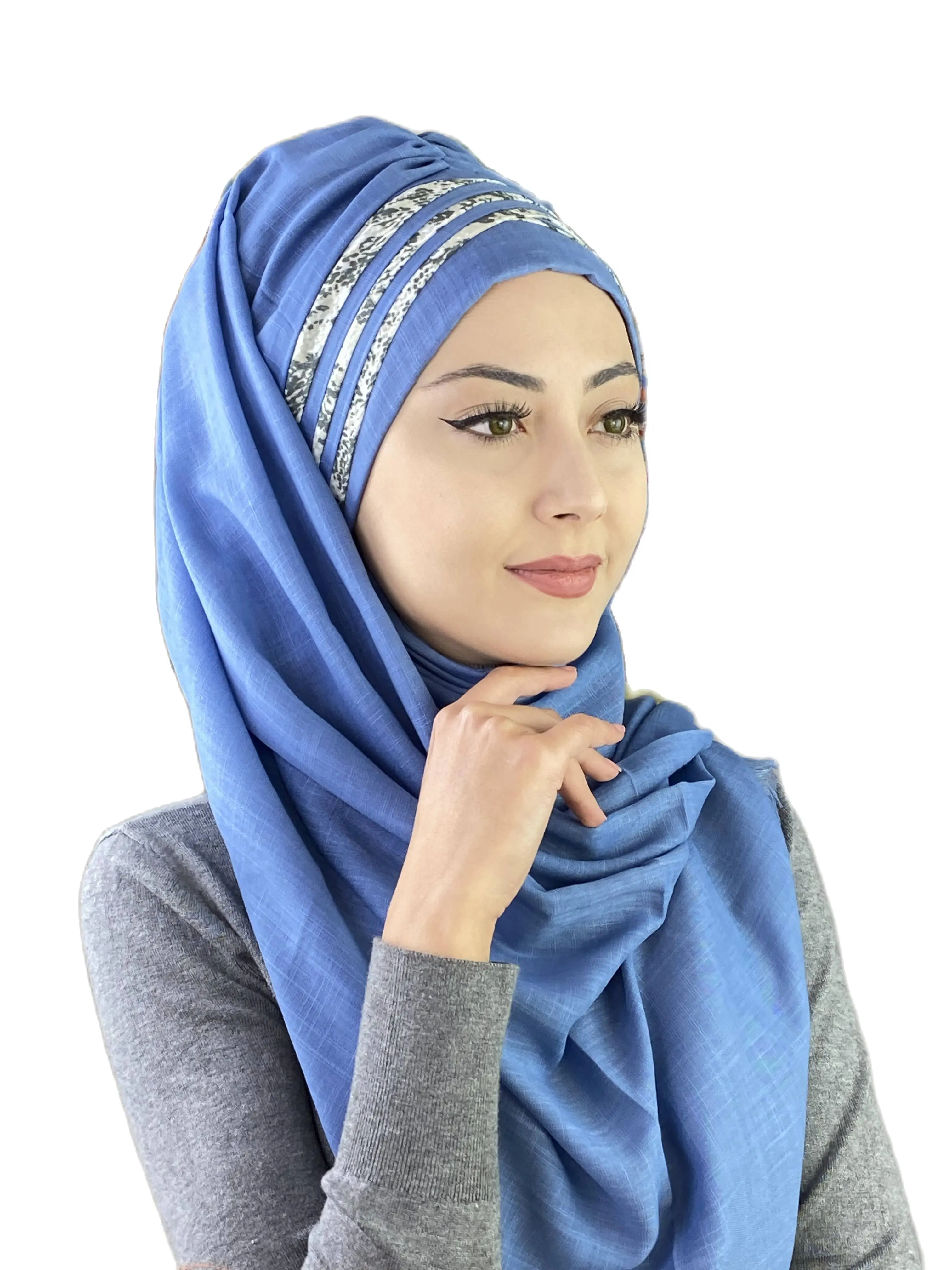 

2022 New Fashion Hijab Women Islamic Winter Scarves Musulman Women's Products Hat Sky Blue Crocodile Pattern Cross Draped Shawl