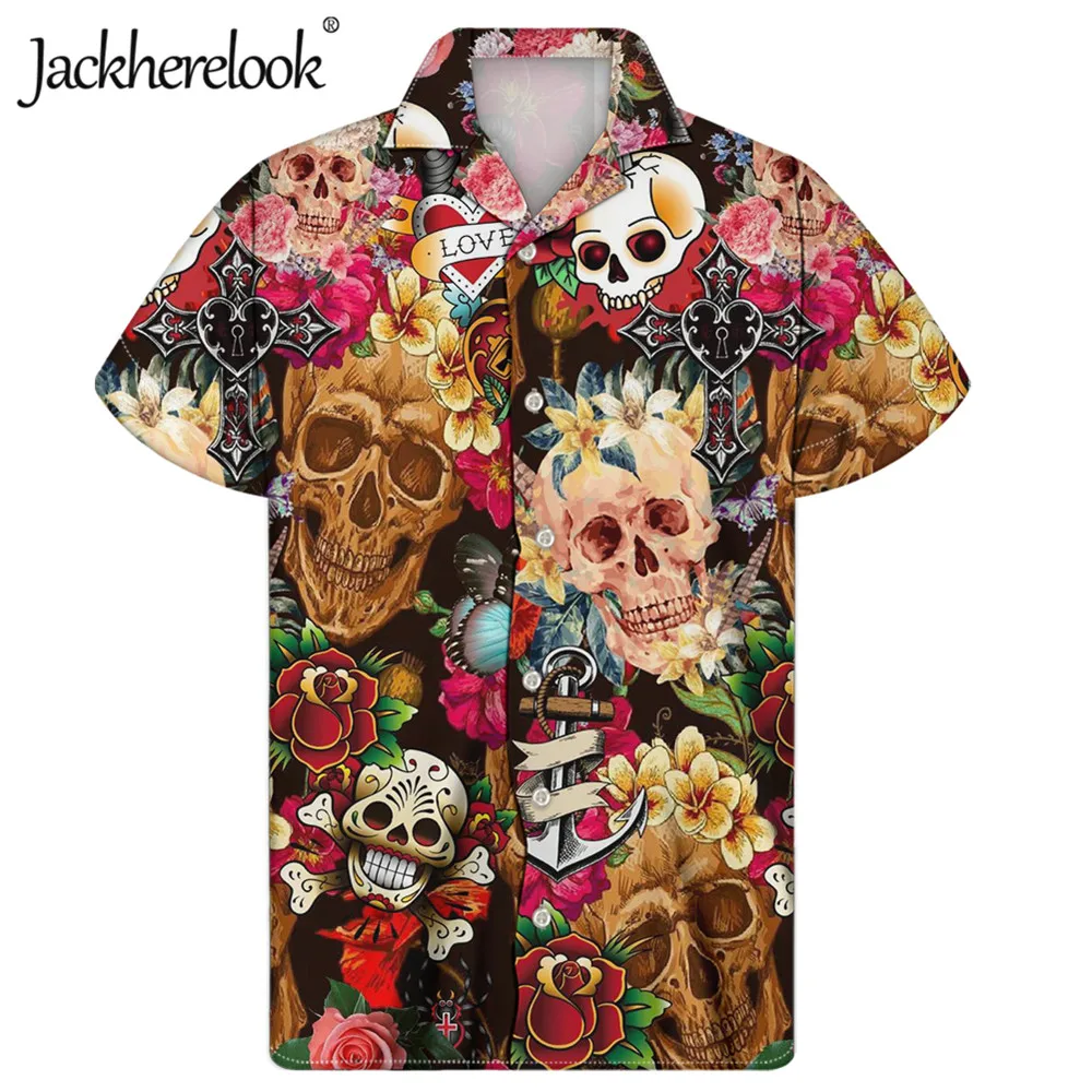 

Jackherelook Brand Designer Gothic Sugar Skull Men Cuban Guayabera Shirt Summer/Spring Male Blouse Button Down Man Tops Shirts