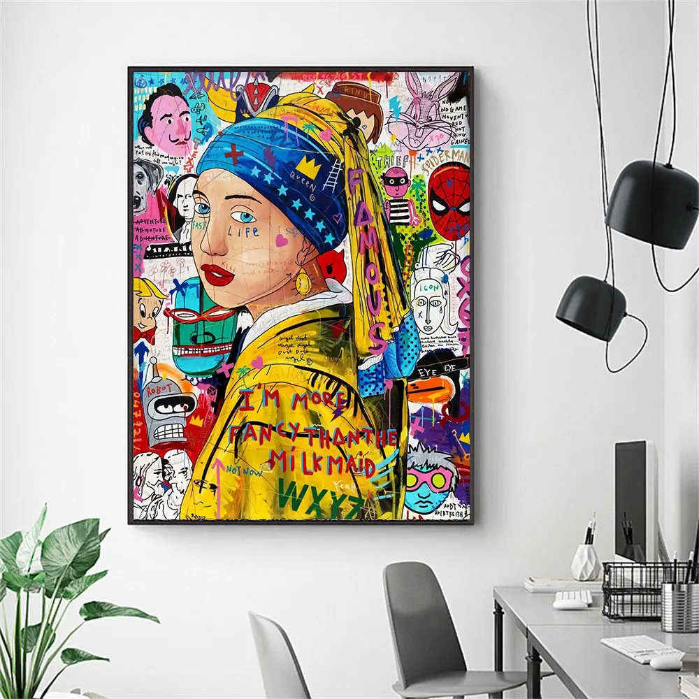 

Woman With Pearl Earrings Graffiti Pop Art Portrait Canvas Painting Home Decoration Poster Print Wall Picture For Living Room