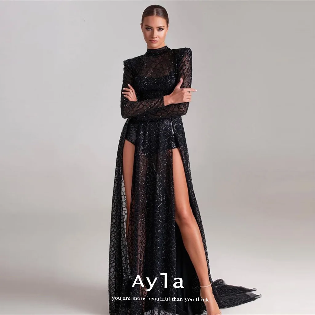 

Sexy Long Sleeves Black Evening Dress Gorgeous Prom Gowns High Side Slit Formal Gowns Elegant Evening Dresses Vestidos De Novia