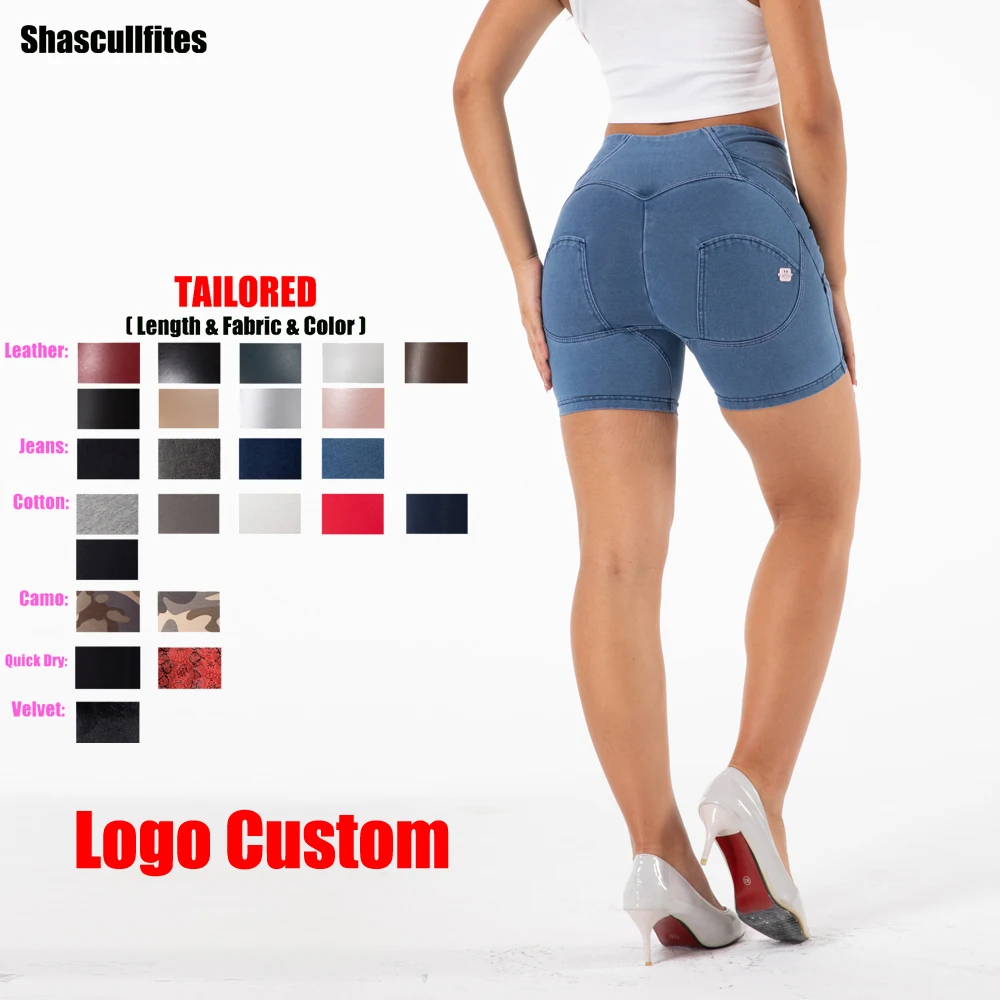 Shascullfites Melody Tailored Pants Women Logo Custom High Waist Light Blue Denim Short Booty Lift Shorts Women Gym Shorts