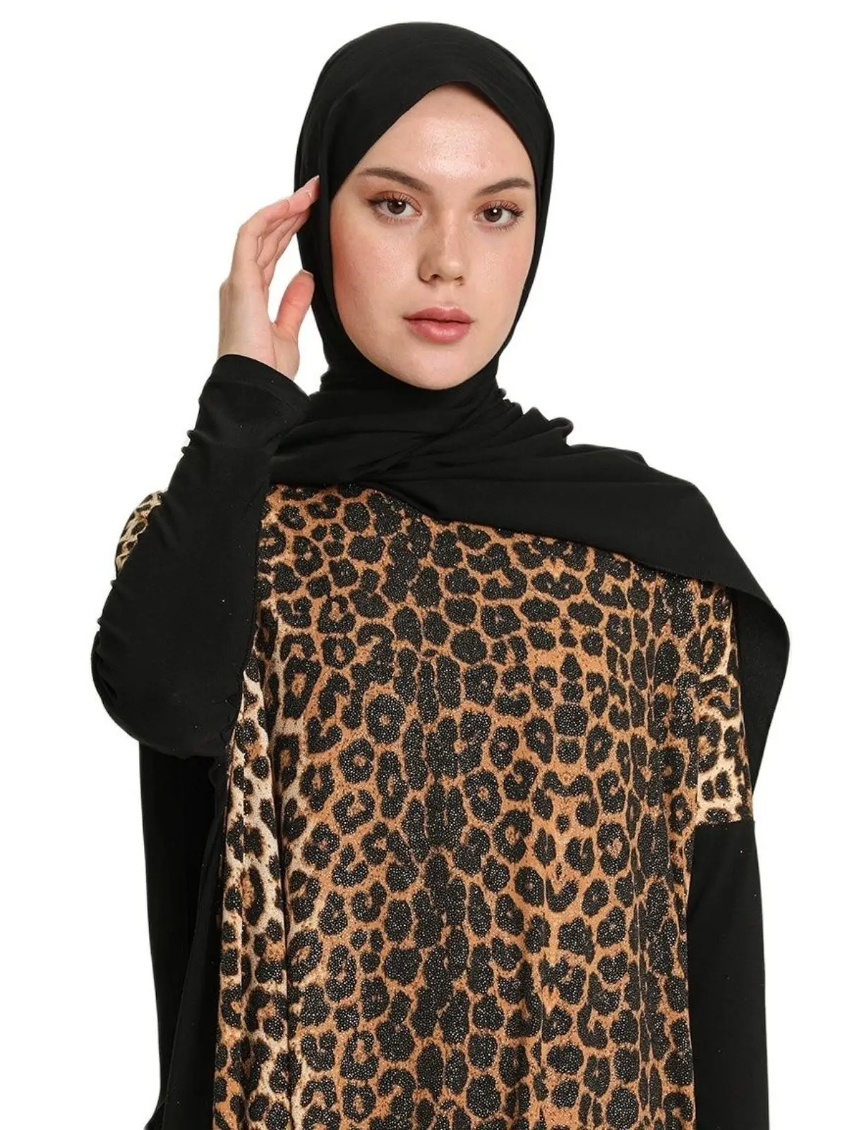 Leopard Patterned Tunic Long Sleeve Zero Collar Seasonal Muslim Women's Fashion Turkish Arab İslamic Top Stylish Lightweight