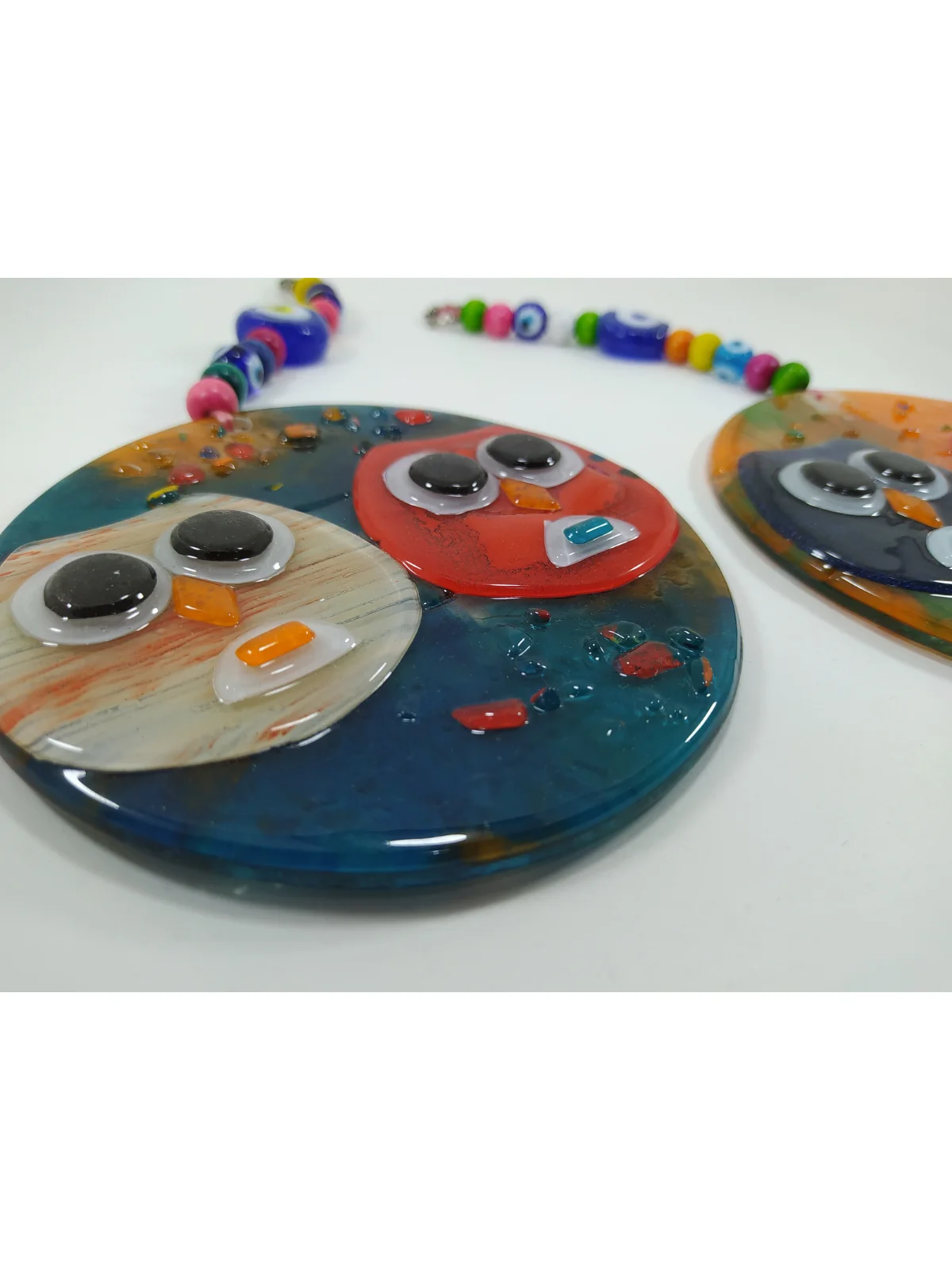

Glass Bead Home Decor Owls with Evil Eye Turkish Handmade Pendant Wall Decor Fused Glass Art Amulet Pack of 4 Made in Turkey
