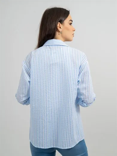 

New Women's Trend Collar Front 2 Pocket Striped Shirt