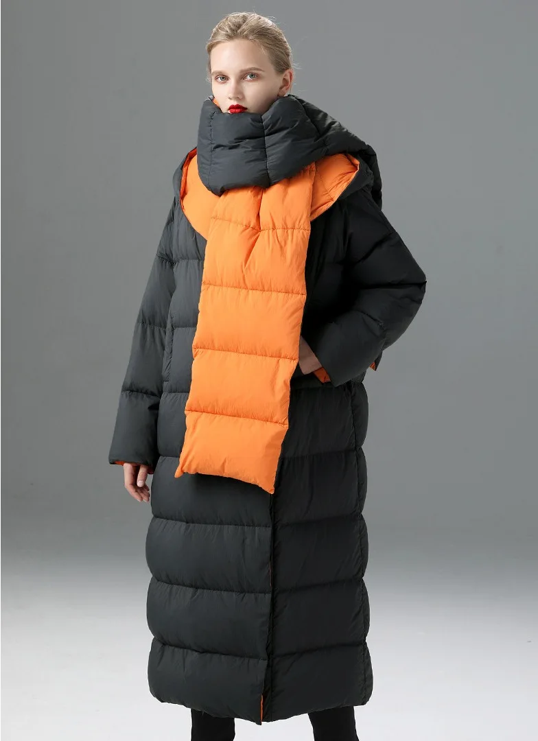 Модная крутая Женская куртка с наполнителем на утином пуху шарф капюшоном