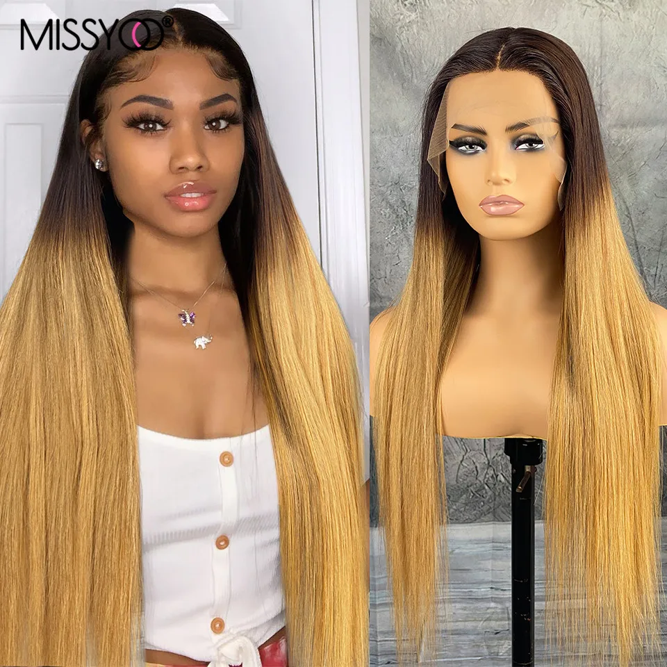 Ombre Brown Blonde Human Hair 13×1 T Part Lace Wigs For Black Women Pre-plucked 2/27 Long Straight Brazilian Remy Human Hair Wig