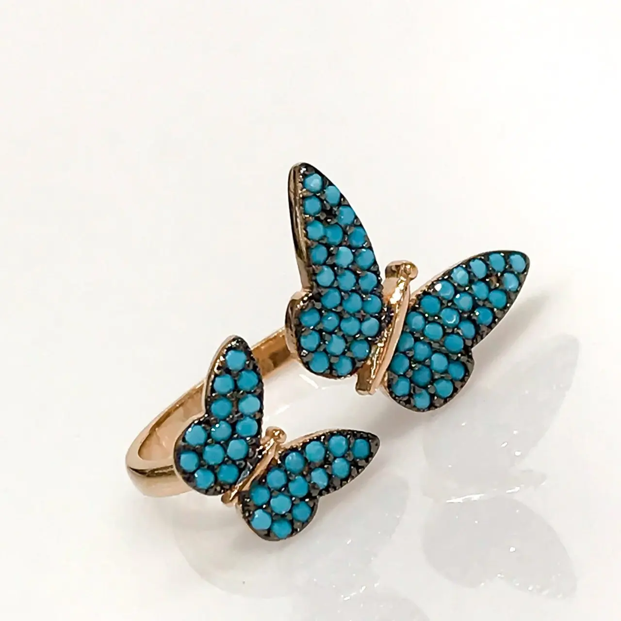 

New Double Blue Tiny Butterfly Turquoise Silver Ring