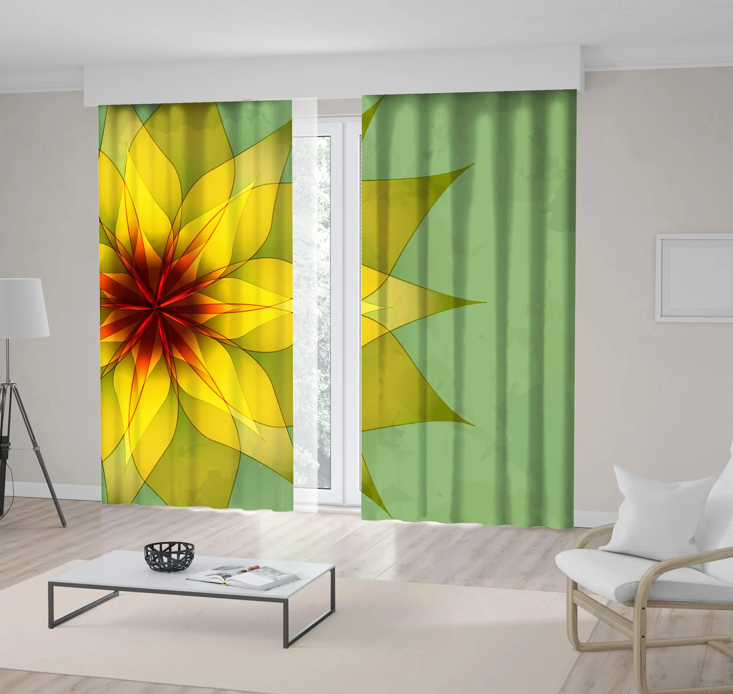 

Curtain Vintage Abstract Green Background with Golden Flower Summer Bloom Decorative Art