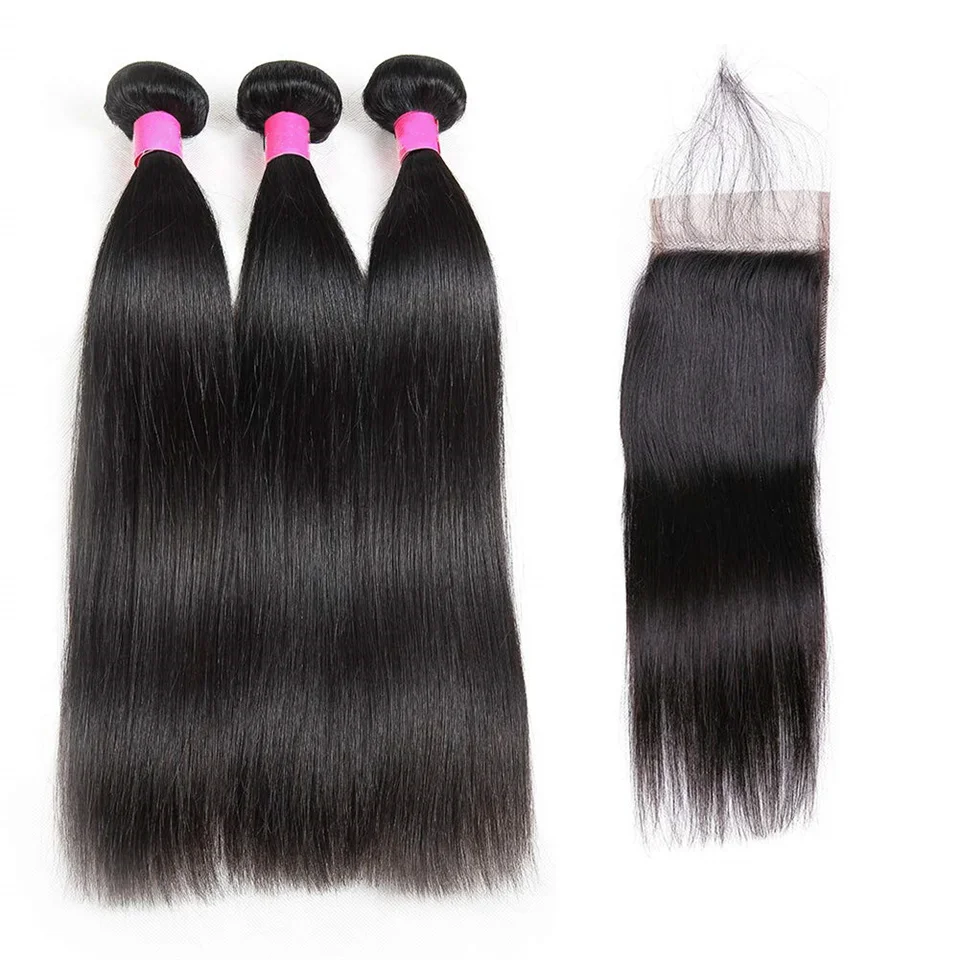 Human Hair Malaysian Silky Straight 3 Bundles Human Hair With Lace Closure 4*4 Free Middle Part Natural Color Remy Hair