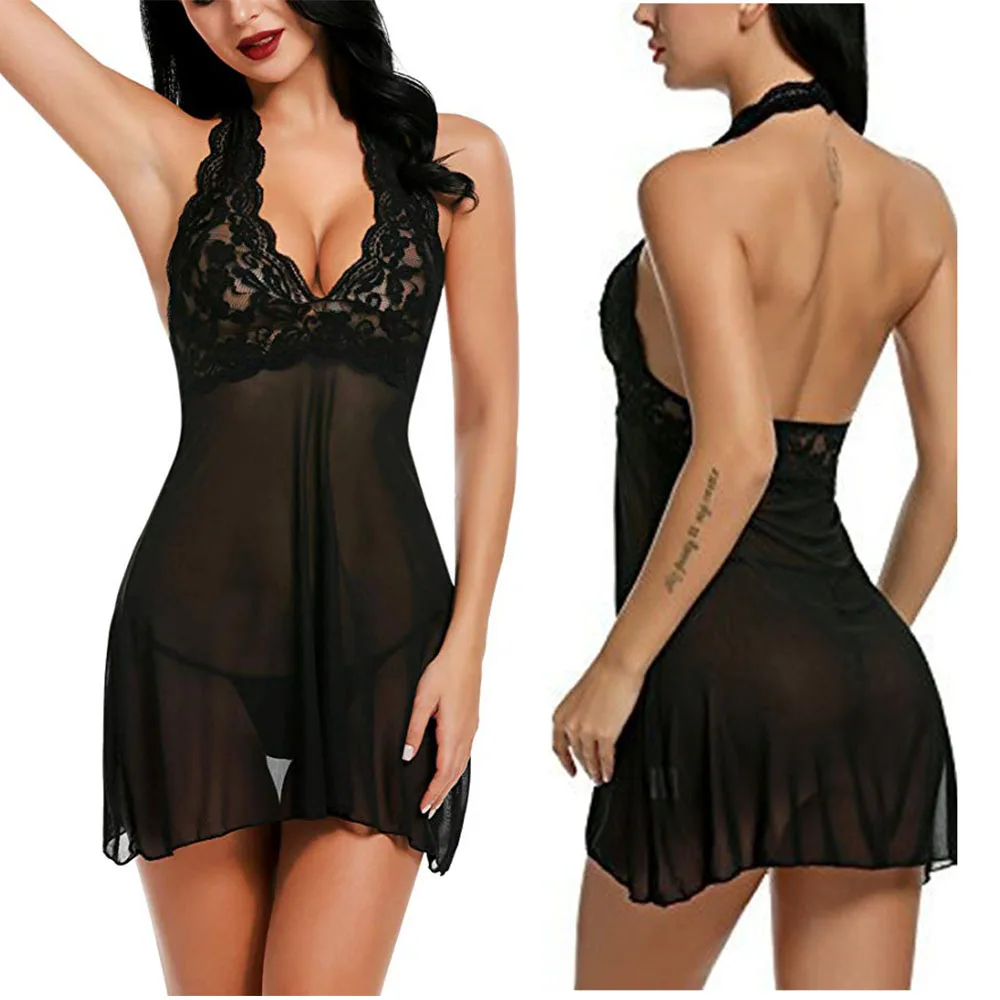 

Женская ночная рубашка и стринги, эротическое кружевное сексуальное нижнее белье с V-образным вырезом