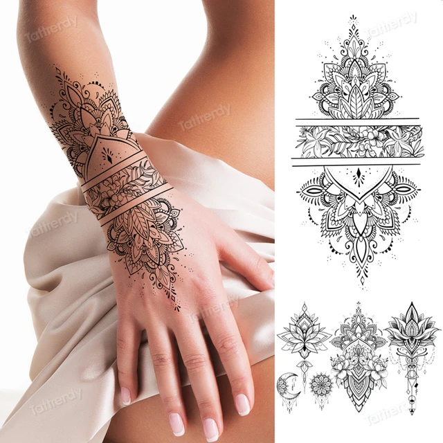 fake henna tattoo mandala lotus flowers jewery arabic indian egyptian tattoo sleeve hand finger breast tatoo black waterproof 1
