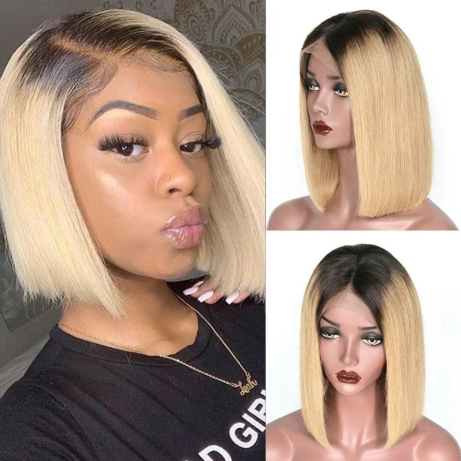 

1B 613 Short Bob 13x4 Lace Front Wig Pre Plucked Brazilian Human Hair Wigs Remy Straight 613 Blonde Frontal Wig For Black Women