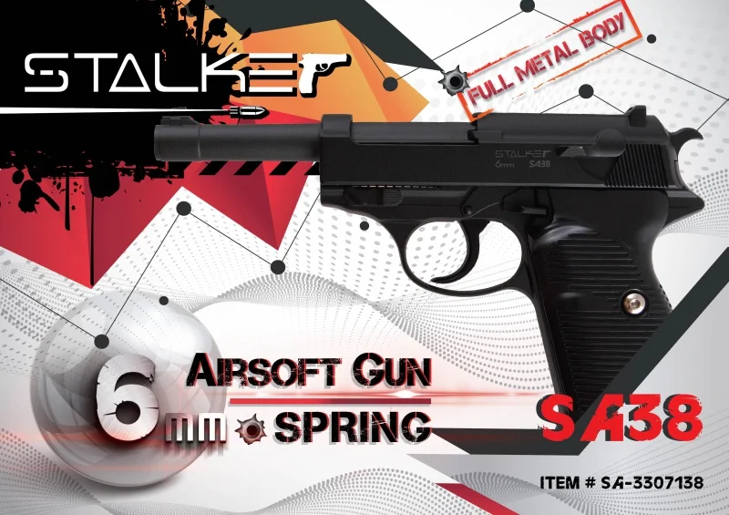 Пистолет пневматический спринговый Stalker SA38 Spring (аналог Walther P38) мет.корпус магазин