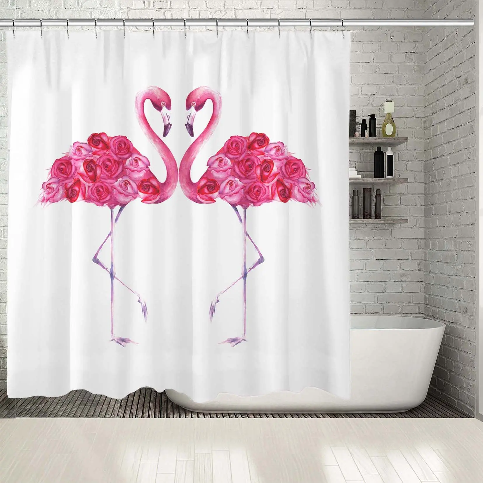 

Shower Curtain Tropical Exotic Flamingos with Rose Floral Wings Romantic Birds Nature Artwork Wholesale