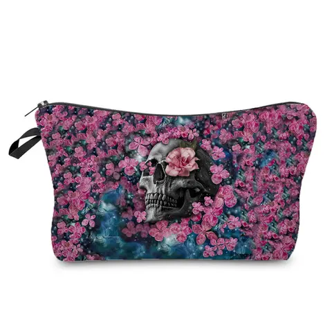Новая трендовая популярная косметичка, черный Органайзер с принтом черепа и цветов, Женская Подарочная сумка для Хэллоуина, крутая стильная модная сумочка для монет