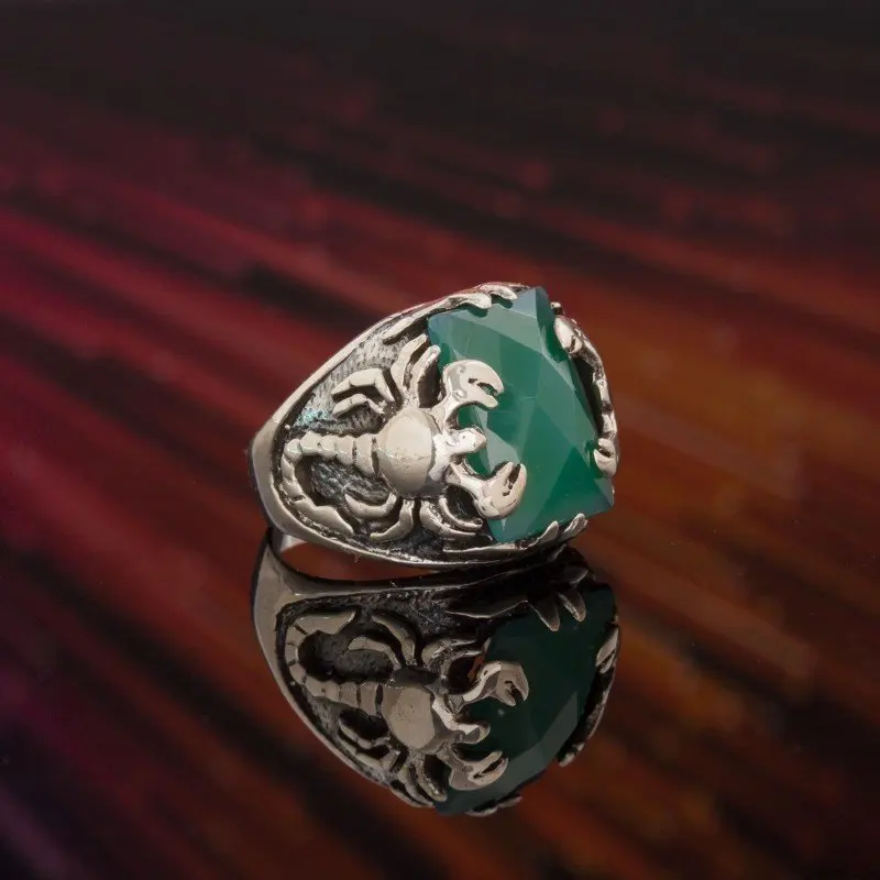 

Кольцо из стерлингового серебра 925 пробы с зеленым агатом и камнем скорпионом, модное турецкое высококачественное ювелирное изделие ручной...
