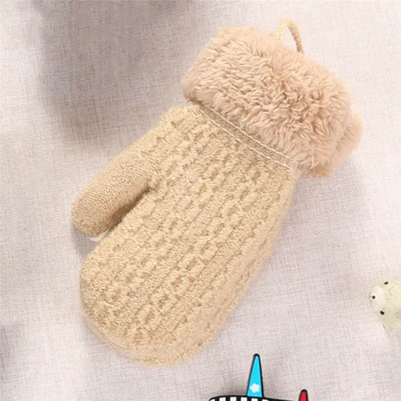 Beige Детские осенне-зимние Бархатные вязаные теплые перчатки для девочек и мальчиков, лоскутные уличные варежки, шерстяные перчатки, перчатки с пятью пальцами - Цвет: Beige