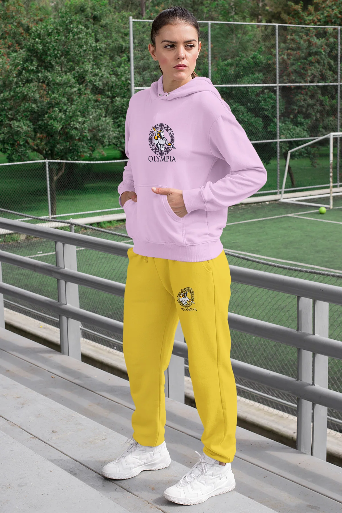 Женский спортивный костюм Angemiel розовый свитшот с капюшоном желтые спортивные