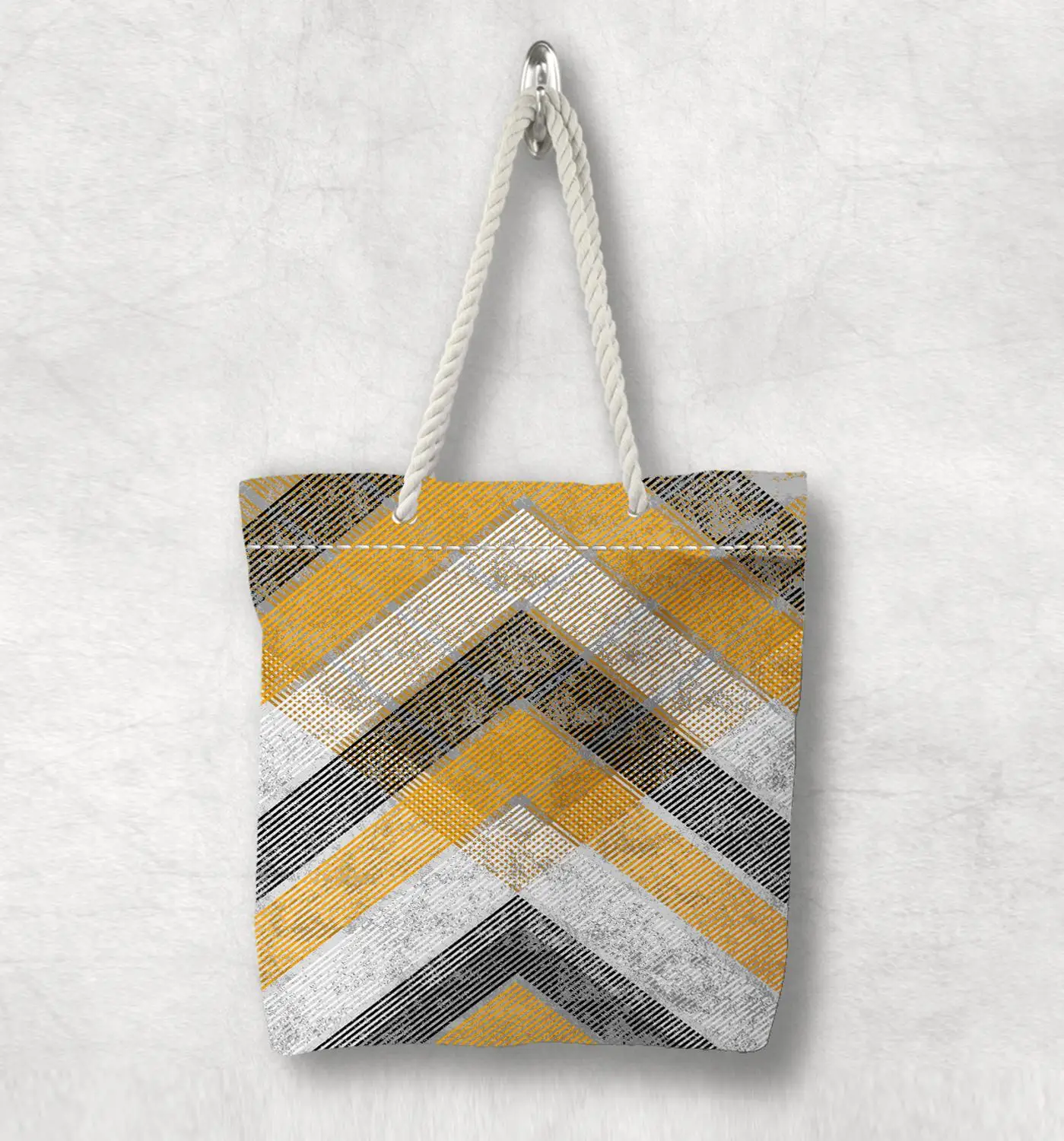 

Else Gray Yellow Arrow Lines Geometric New Fashion White Rope Handle Canvas Bag Cotton Canvas Zippered Tote Bag Shoulder Bag