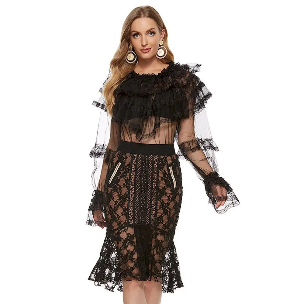 

Autumn Top T-Shirt Women Clothes Slim Temperament Palace Mesh Female T-Shirt 2020 Fashion Sexy See-Through Lace Long-Sleeved Top