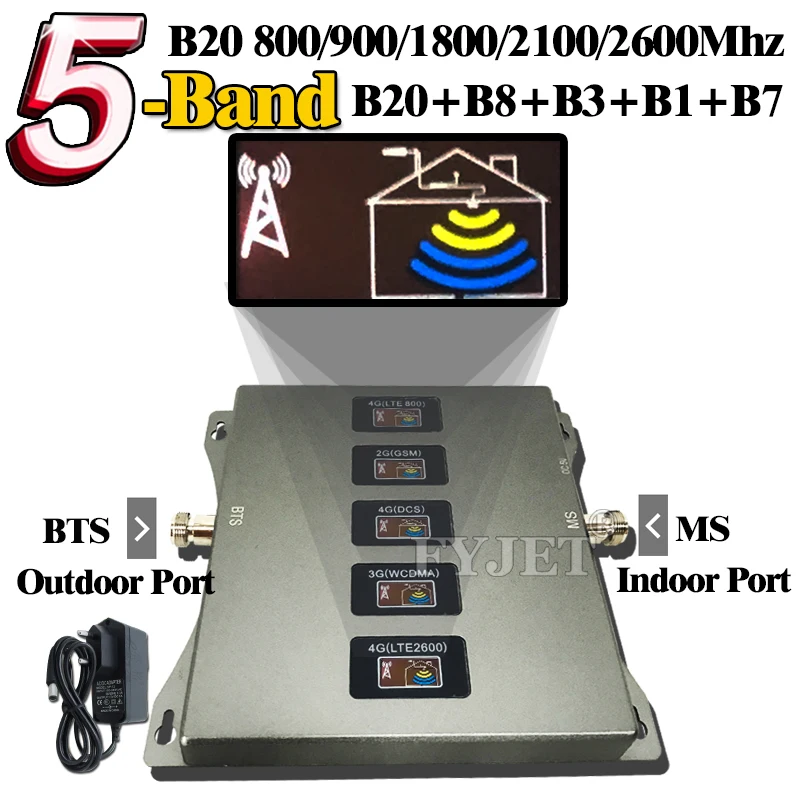 New!! Five-Band CellPhone Cellular Amplifier B20 800 900 1800 2100 2600mhz 4G Cellular Repeater GSM 2G3G4G MobilePhones Booster