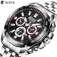 bosck mens luxurious 30m casual waterproof quartz watch multiple time zone luminous stainless steel strap watch tempered glass