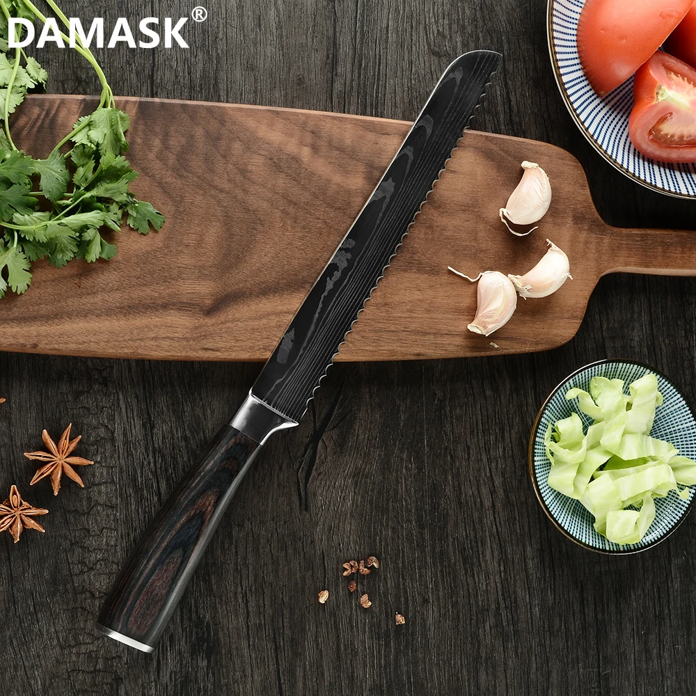 DAMASK нож из нержавеющей стали 8-дюймовый для хлеба цветная деревянная ручка