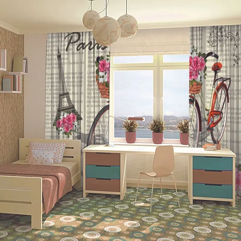 Занавес велосипедная корзина заполненная розами Эйфелева башня Париж