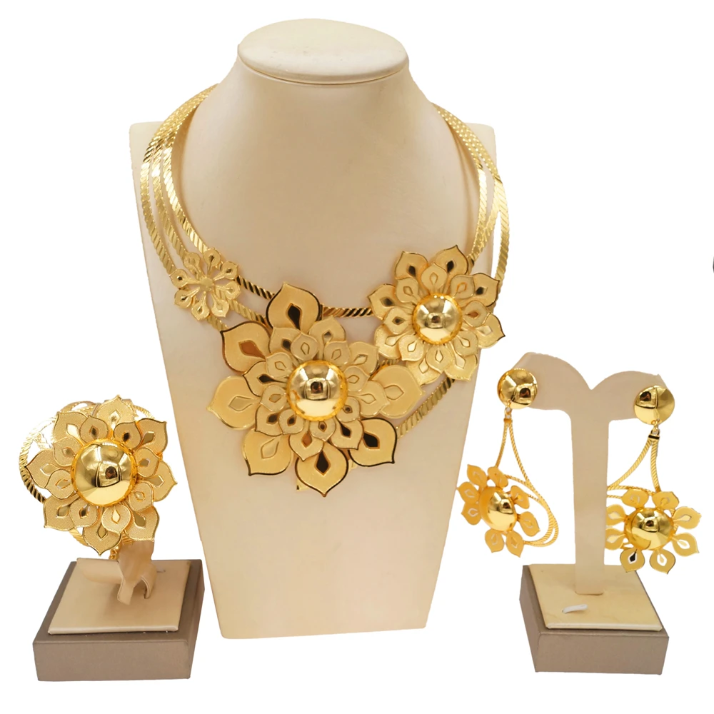 Fashion Plated 24K Gold Colour Jewelry Set Ladies Flower Large Necklace Bracelet Wedding Party Gift Accessories NH00030