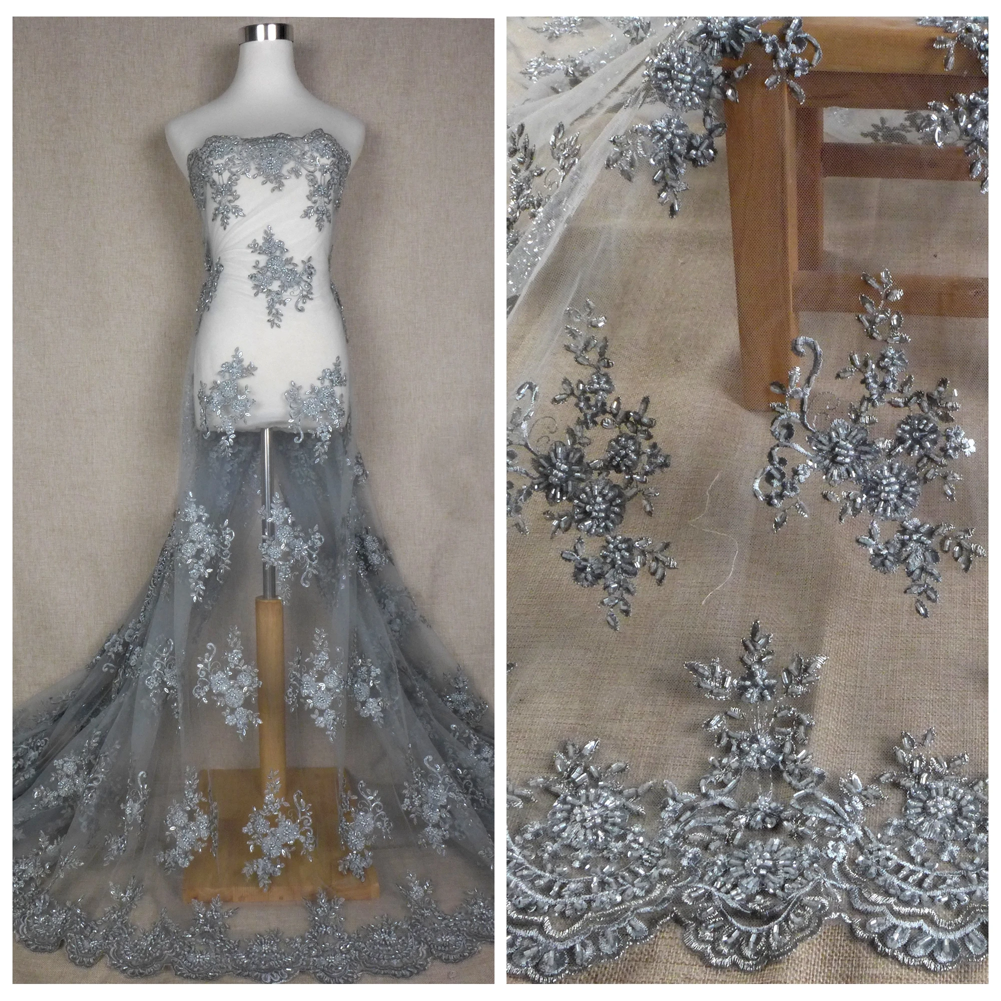 

Новинка 2022, серая кружевная ткань ручной работы с бисером, бежевое/розовое/черное/серое свадебное платье, кружевная ткань, 1 ярд