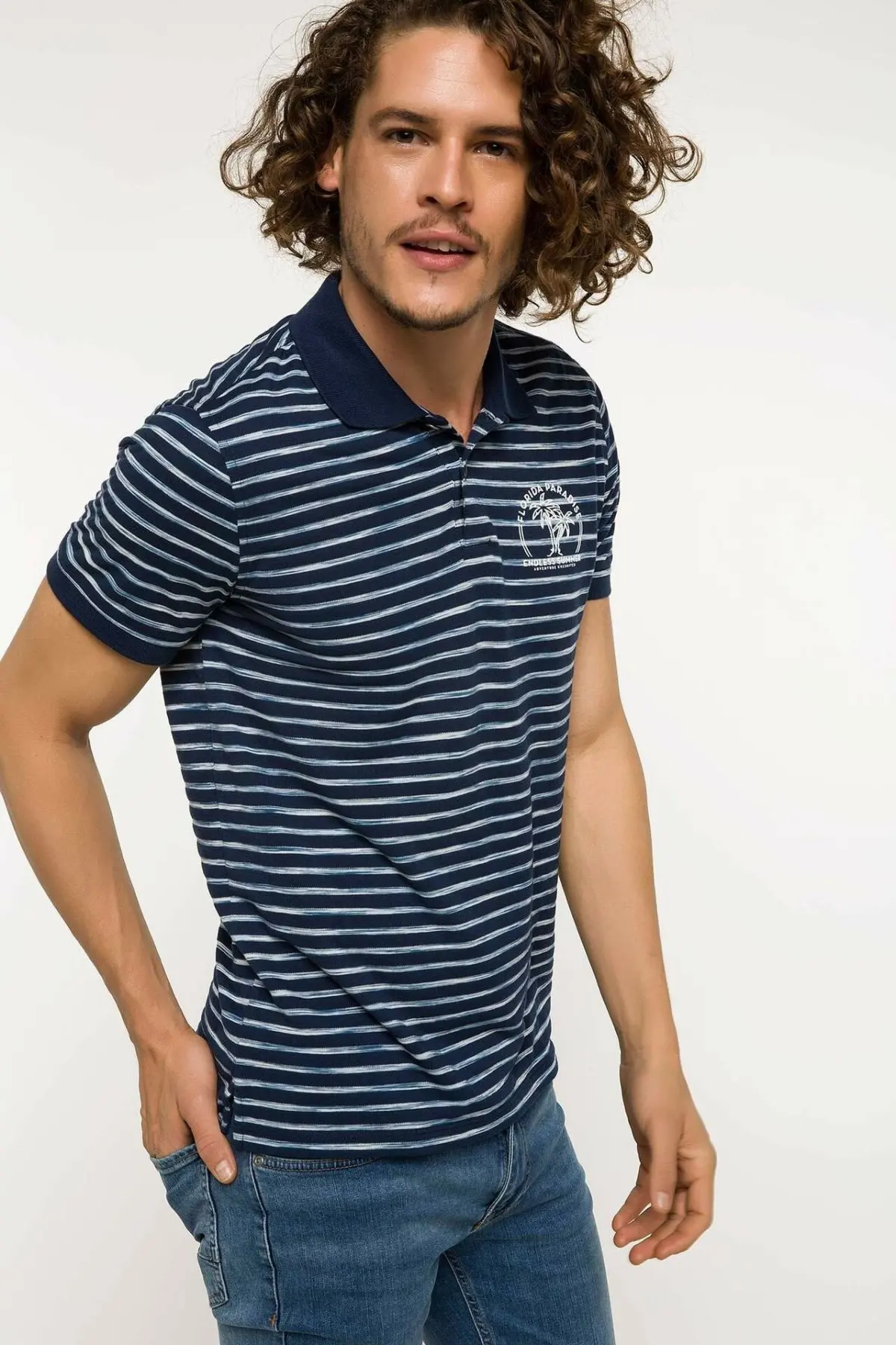 Мужская синяя полосатая рубашка поло DeFacto повседневная хлопковая приталенная с