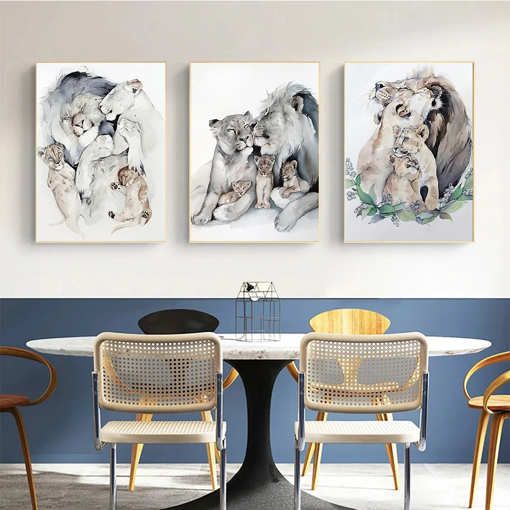

Animal Lion Family Posters and Prints Father Mother Kids Wall Art Canvas Painting Pictures for Living Bedroom Home Decor