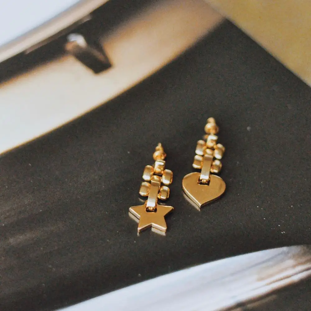 

GULCE DERELI, EARRINGS, STAR AND HEART SYMBOL CHARM EARRINGS, VINTAGE CHAIN EARRINGS, GIFT BOX, GOLD/SILVER PLATED