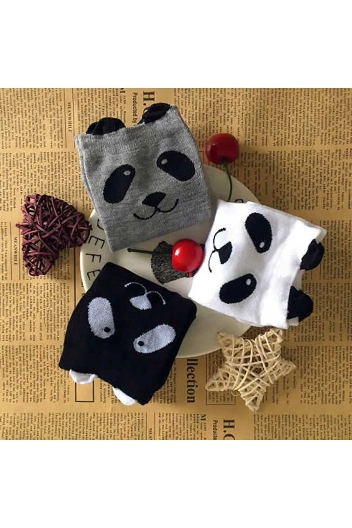 

3 Çift Kadın Panda Desenli 3 Boyutlu Siyah-beyaz-gri Patik Çorap