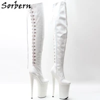 sorbern white back lace up boots women mid thigh high 23cm extreme high heel platform customized leg size eu36 40